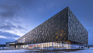 Corner of the main façade of the Simons Campus in Quebec City.